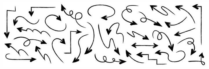 Set of simple lines hand drawn black arrows in various style. Set of simple of hand drawn black arrows. Set of simple lines hand drawn black arrows. Various of simple lines arrows, vector 10 eps.