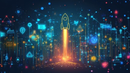 Startup concept with glowing rocket launch path lined with icons of growth and leadership