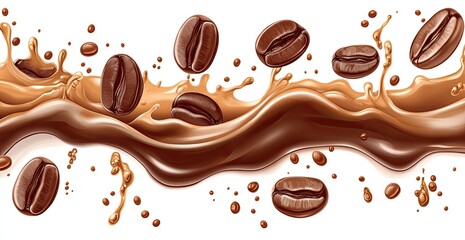 Coffee beans splashing in creamy brown liquid wave