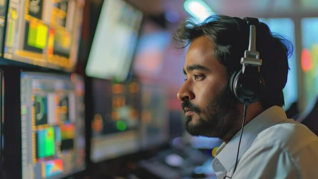 IT specialist with headset monitoring multiple computer screens in control room. Professional in white shirt analyzing data displays with colorful interface in dark environment.