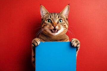 Studio pet ad. Pet street ad. Cat photo mockup. Isolated cat on a solid suit red background. Ð¡ute adult cat balinese hold in front paws a concept - large blue road sign. Studio mascot with s.