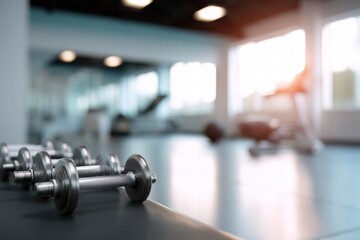 Fototapeta premium modern gym interior featuring blurred background with dumbbells in focus, creating inviting atmosphere for fitness enthusiasts. bright lighting enhances motivational environment