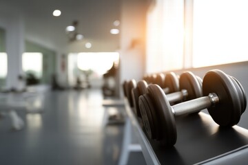Fototapeta premium modern gym interior featuring row of dumbbells on rack, with blurred background that creates sense of depth and focus on fitness. warm light enhances atmosphere of motivation and strength