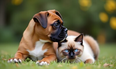 Obraz premium Peaceful Boxer Puppy and Blue-Eyed Siamese Kitten Resting in Garden Grass