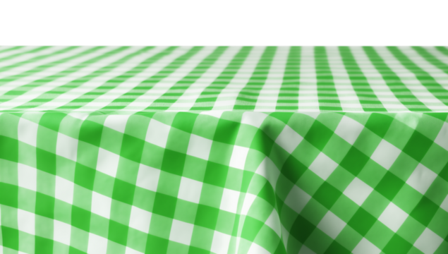 A close up of a green and white checkered tablecloth draped over a surface with a transparent background png