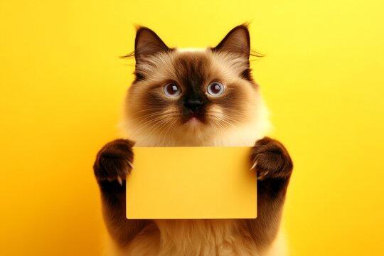 Cat in ad concept. Isolated cat on a solid clothing yellow background. Cute cat mockup. Ð¡ute adult cat himalayan hold in front paws a wireframe - large yellow drive sign. Fluffy pet sign hol.