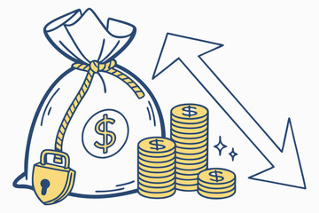 Investment growth illustrated with a money bag and coin stacks showing rising revenue trends over time