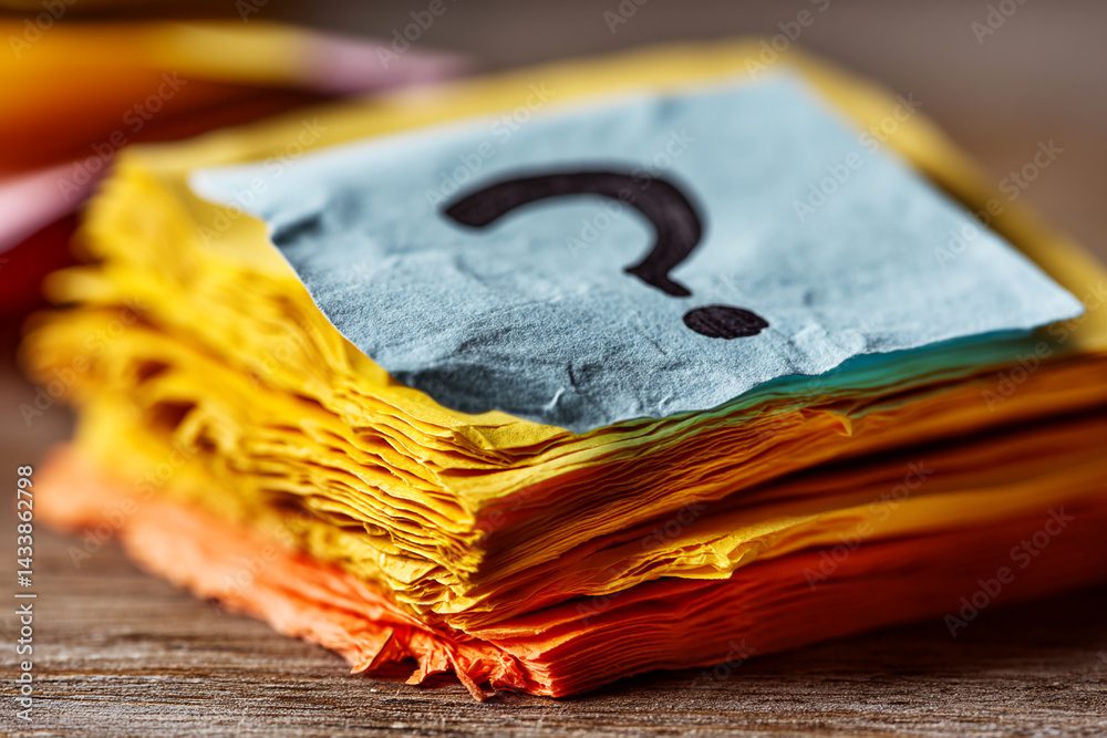 Poster close-up of crumpled yellow and orange paper stack, topped with a light-blue paper showing a questio