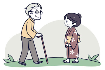 Elderly man and young woman share a joyful moment in a lush garden while dressed in traditional clothing