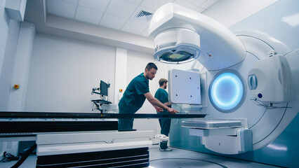 Medical specialists prepare the equipment for radiation therapy in a modern clinic before the...