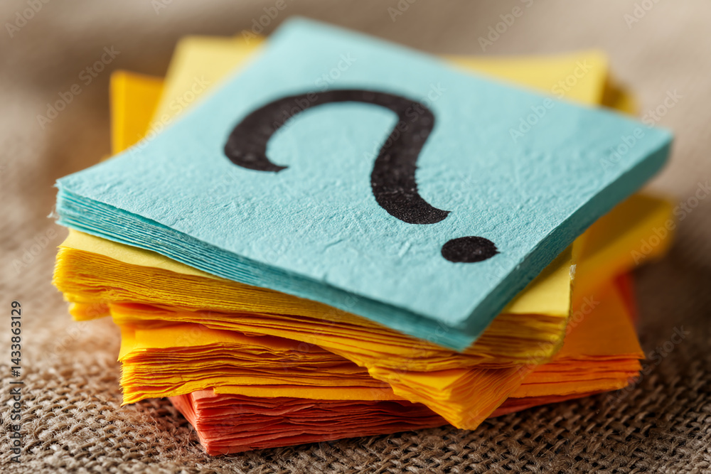 Poster stack of colorful paper notes, top one light blue with black question mark, symbolizes uncertainty, 