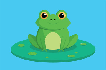 Green frog sitting on a lily pad in a calm blue background during a sunny day