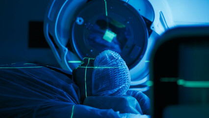 Modern approaches to oncology treatment. A man undergoes radiation therapy for cancer in a modern...