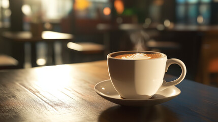 Fototapeta premium A white coffee cup with steam rising from it sits on a wooden table