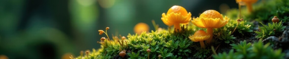 Glowing yellow fungi illuminate mossy forest floor, ambient light, fairytale, flora