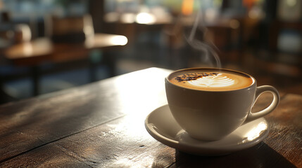 A white coffee cup with a white saucer sits on a wooden table