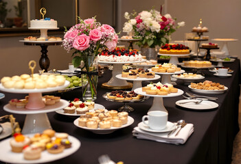 Conference dessert table, elegantly arranged gourmet pastries and cakes, modern atmosphere with stylish decor.