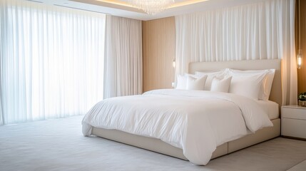 Luxurious, modern bedroom with large windows and soft, white linens