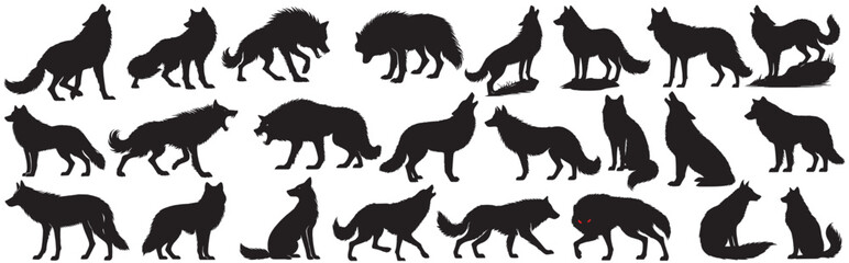 Silhouette wolf in different poses on white background vector illustration, wild wolf silhouette
