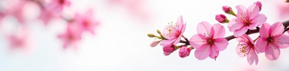 Fototapeta premium Intensely pink cherry tree flowers, white backdrop, detail shot , photography, isolated, bright pink