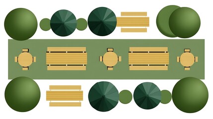 Flat and Simple Cartoon Look of Basic Beer Garden Layout with Tables and Trees