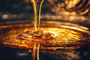 Close-up of golden syrup pouring into a shimmering pool, creating ripples and reflections