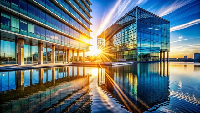 Sunlit Water Surface Architecture, Glowing Reflections, Modern Building Facade