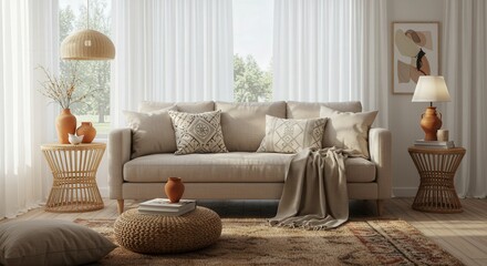 Obraz premium Living room with sofa, pillows, table, lamp and decoration