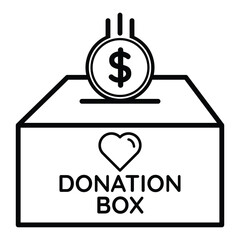 Charity donation box with heart and money coin icon vector illustration, fundraising support help giving nonprofit contribution aid kindness care.