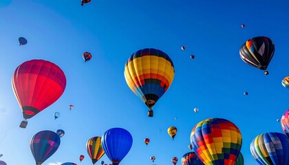 Fototapeta premium A dazzling hot air balloon festival with dozens of vibrant balloons soaring against a deep blue sky, reflecting sunlight.
