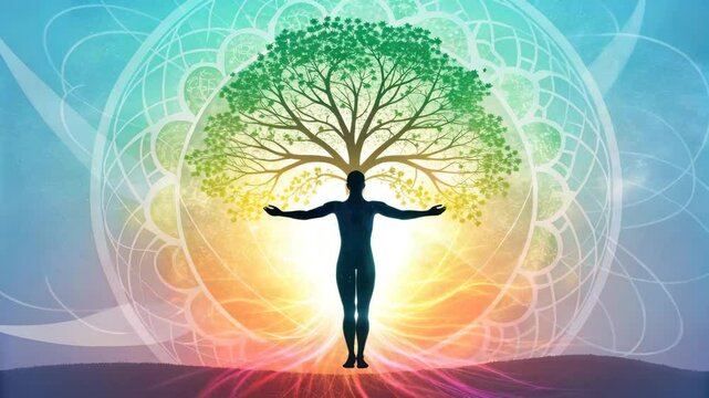 A silhouette of a person radiates light, merging with a vibrant tree, symbolizing growth, interconnectedness, and harmony in a colorful backdrop.