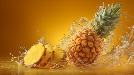 Pineapple splashing in yellow liquid, slices beside it, creating a vibrant and refreshing image, showcasing juicy fruit and summer vibes