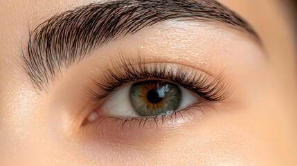 Obraz premium Close Up Shot of a Female Eye with Green Iris and Glitter Detail Displaying Long Eyelashes and Perfectly Groomed Eyebrows