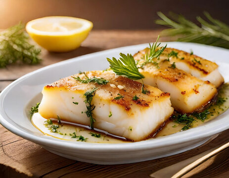 lomos de bacalao cocinado horno con limon, en un plato sobre la mesa de la cocina de un restaurante