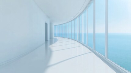 Obraz premium Modern, ocean-view hallway. Spacious, minimalist, white