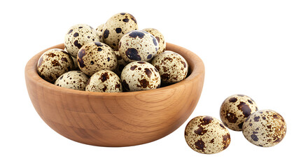 Obraz premium A wooden bowl filled with speckled quail eggs and some scattered on the black background surface near it
