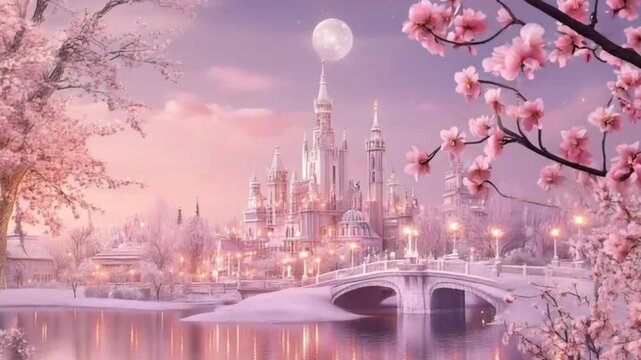 Fairytale castle winter scene, moonlit bridge, pink blossoms