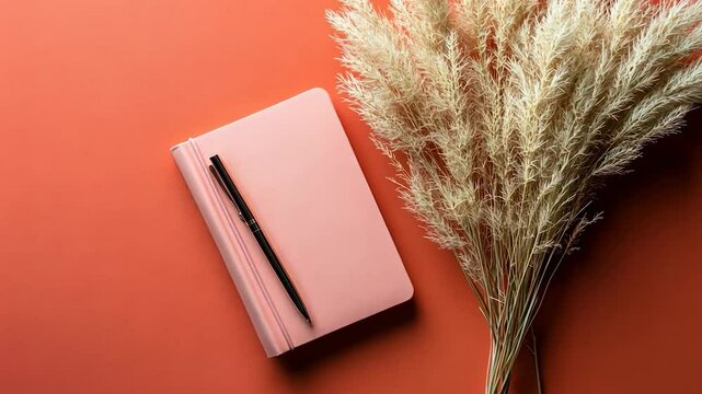 Pastel Pink Notebook and Dried Flowers on Coral Background