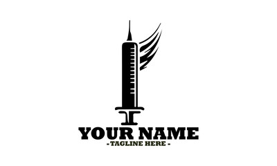Fototapeta premium Black silhouette of a medical syringe with a needle for injection isolated against a white backdrop. Healthcare concept, vector Icon syringe and syringe Icon logo design
