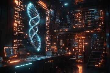 Futuristic lab DNA research, glowing screens, server room