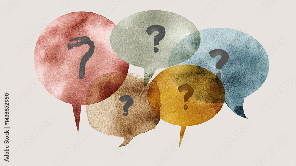 Poster watercolor speech bubbles with question marks, overlapping in earthy tones, symbolizing questions, d