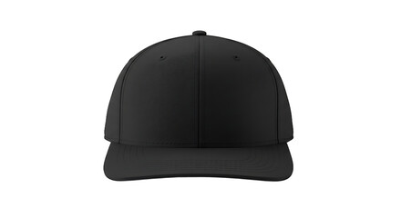 A front view of a plain black baseball cap isolated on a black background in a studio setting