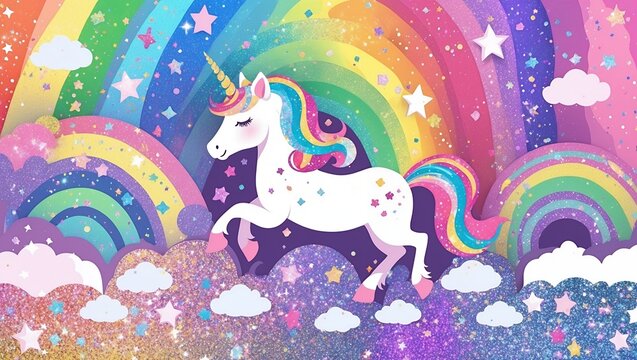 Colorful unicorn fantasy with rainbow glitter background