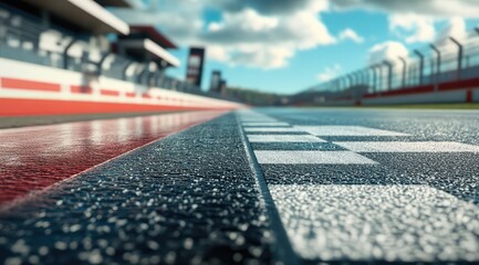 Wet race track, checkered flag start/finish line