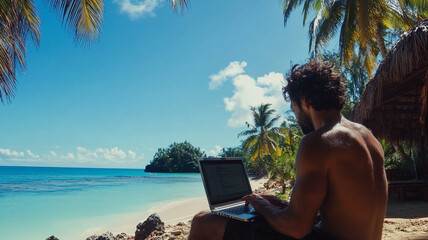 young man with laptop on the beach