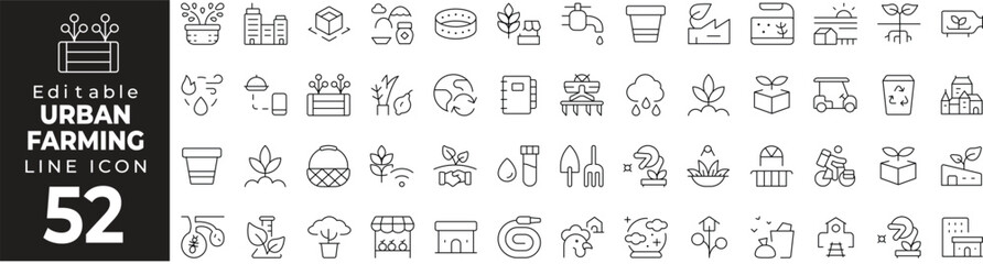 Urban Farming Icon Set: A Line Icon Collection Featuring Vertical Garden, Urban Agriculture, Crops, Greenhouse, and More