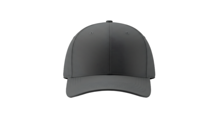 A front view of a gray baseball cap on a black background with a curved brim and a button on top