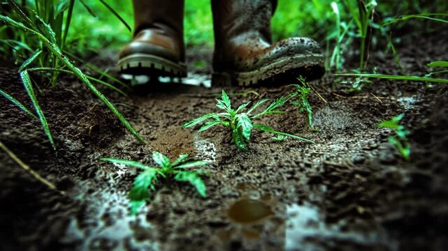 Fresh Earth and Muddy Footprint in Green Nature After Rain with Vibrant Grass and Soil Textures