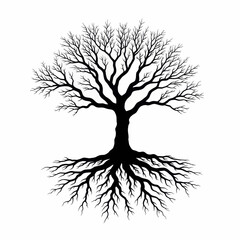 Black silhouette of a bare tree with roots on white