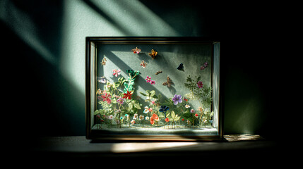 Intricate miniature garden display with colorful flowers and butterflies on transparent background
